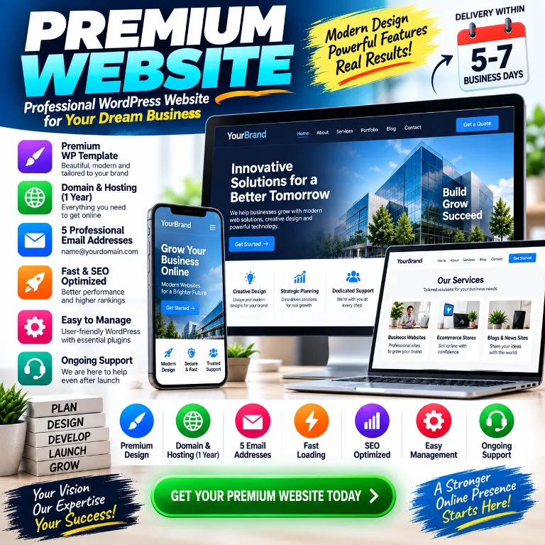 Premium WordPress website service with custom design and 1 year hosting