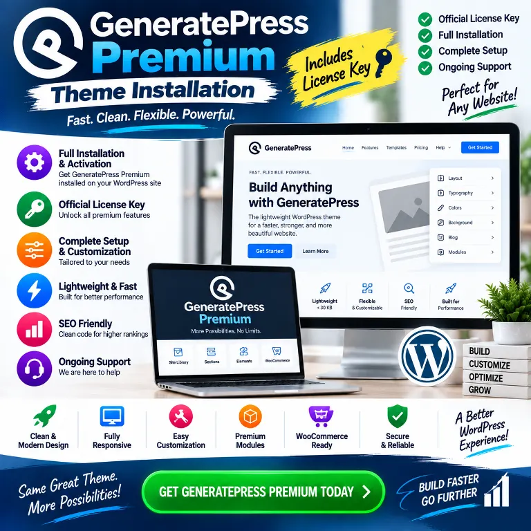 GeneratePress Premium Theme Installation service for WordPress