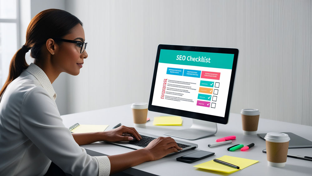 The Definitive On-Page SEO Checklist with a computer working girl