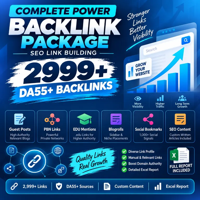 Complete Power Backlink Package with 2999+ DA55 backlinks