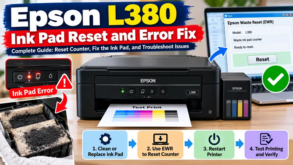 Epson L380 ink pad reset and waste ink counter error fix using EWR.